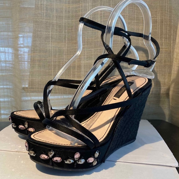 LOUIS VUITTON BLACK ESPADRILLE WEDGE SATIN STRAP CLEAR FAUX STONES PLATFORM 37-7 - Picture 1 of 14